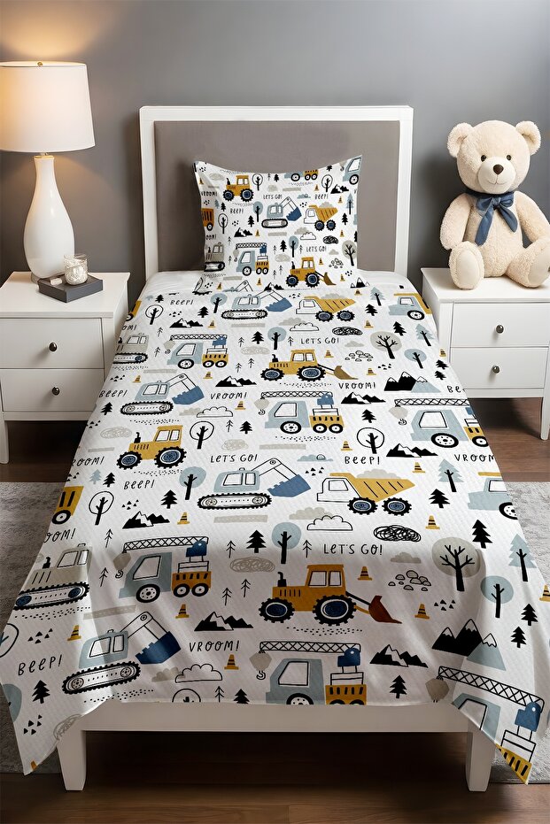 Fun Construction Time Patterned Single Baby Child Pique Set