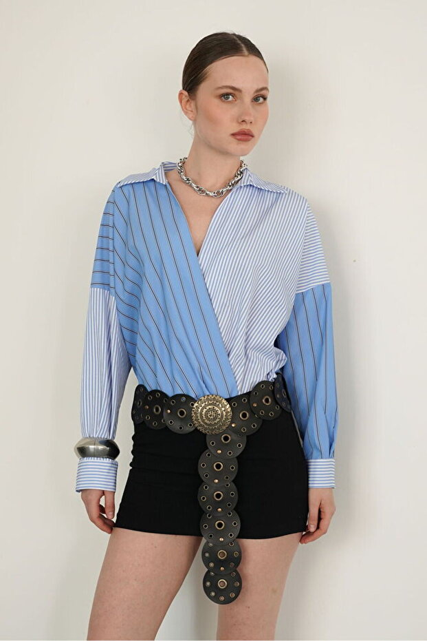 Cross-Fitting Shirt with Collar and Hem - Blue Blue | F2094 - Blue Blue