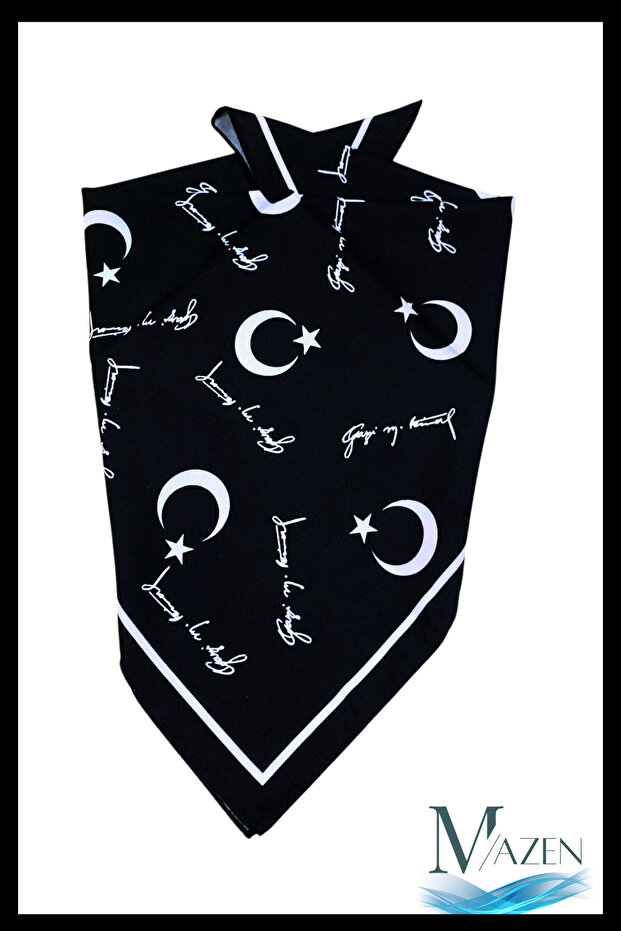Black Scarf with Moon and Star Pattern and Signature | 45X45 cm | Soft Satin Fabric | Premium Texture