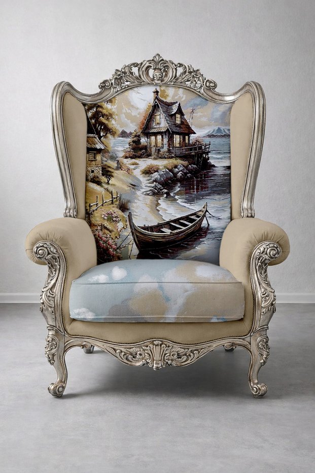 M39B Woven Fabric - Landscape, Mountain House, Creek, Sandal, Nature - Painting, Upholstery, Concept Decors 80X160 cm