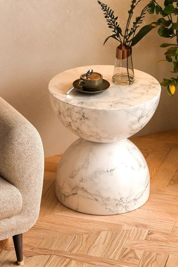 Round End Table Marble Look Side Table Modern Small Coffee Table for Living Room