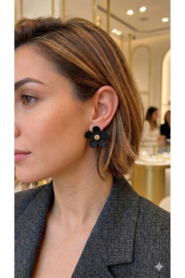 Noir Élégance Black Flower Earrings – Handmade Polymer Clay Earrings | Stylish Design with Gold Detailing