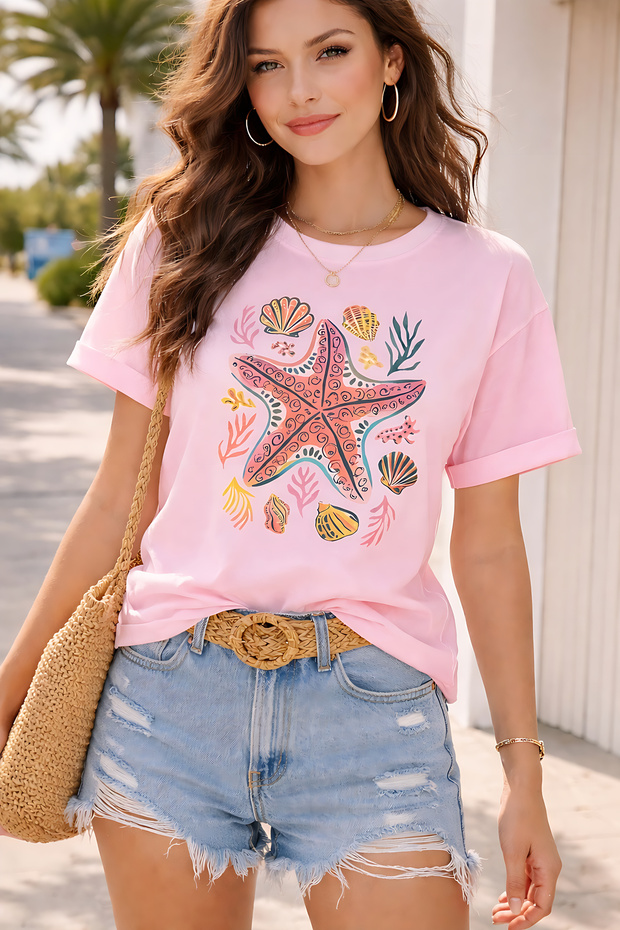Sea Star Printed Unisex Oversize T-Shirt – Cotton Crew Neck Summer Beach Streetwear T-Shirt