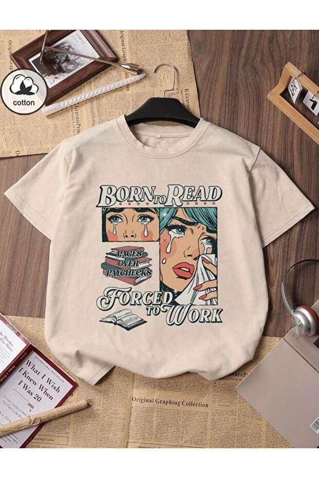 "Born to Read" Printed Short Sleeve Crew Neck Unisex Beige Tshirt