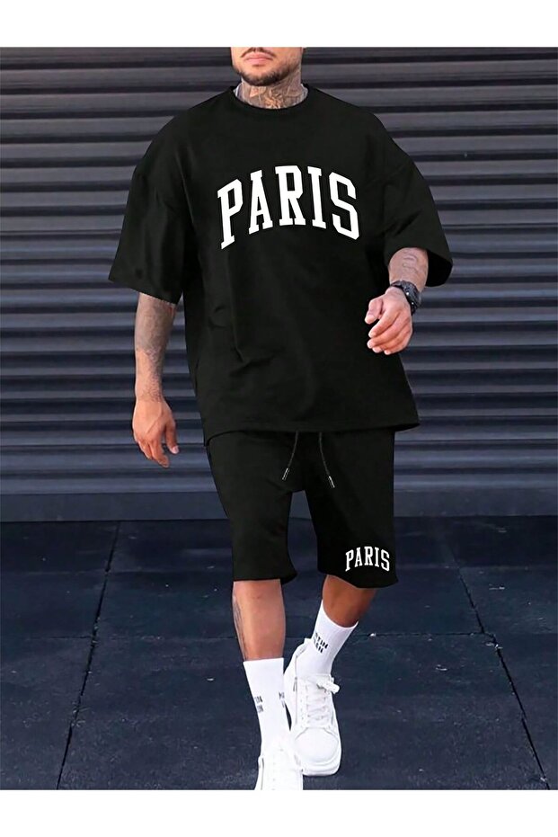 Men's Black Oversize T-Shirt Shorts Set Paris Printed Streetwear Summer 2-Piece Combination