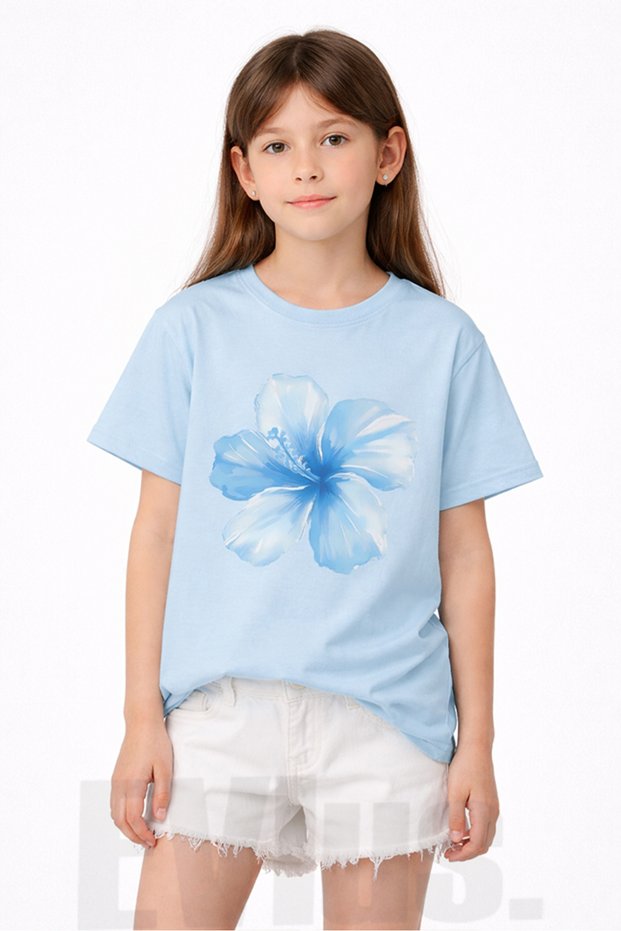 Girl's Blue Floral Printed Combed Cotton T-Shirt Fun Summer Cotton