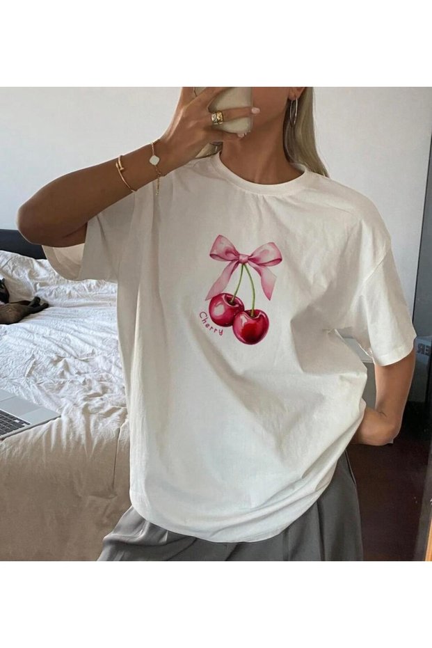 Cherry Cherry Printed Crew Neck Short Sleeve Women's White Tshirt