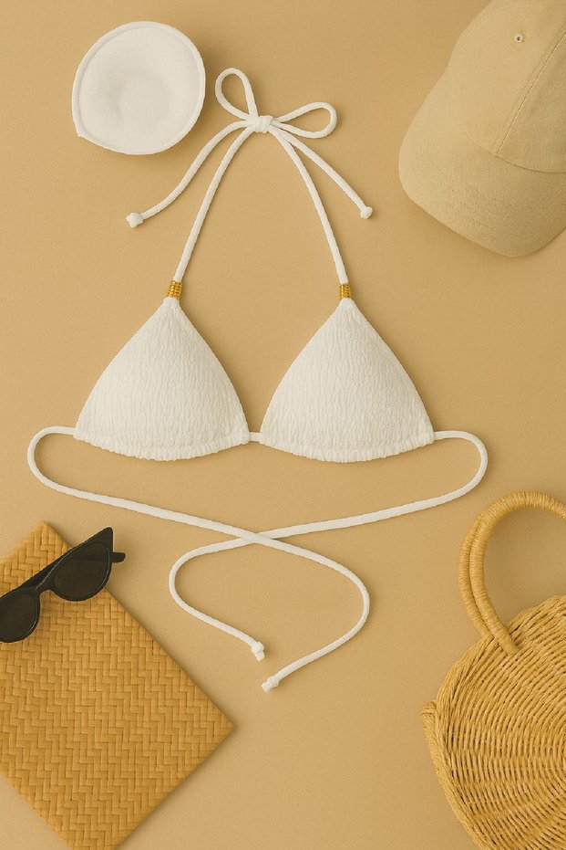 Women's White Padded Triangle Bikini Top with Halter Tie and Accessories
