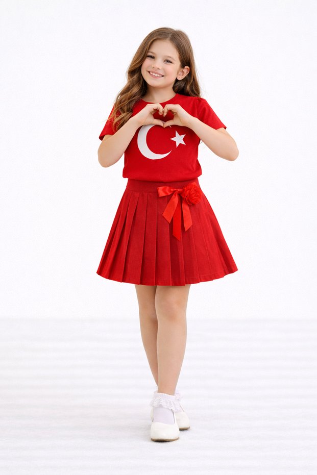 Girl's Turkish Flag T-Shirt and Pleated Skirt Set – April 23, October 29 Performance Outfit