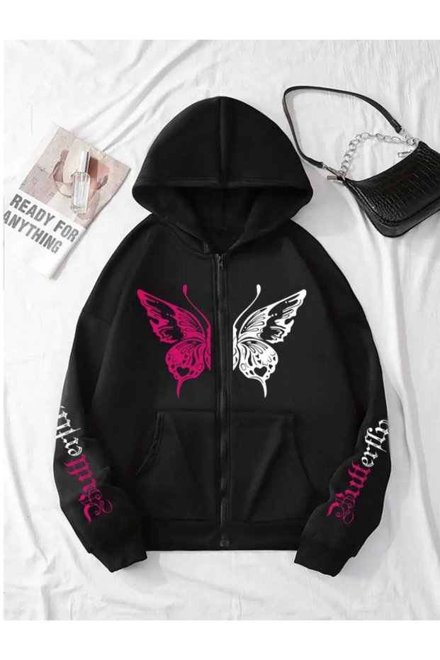 Pink and White Butterfly Printed Black Hooded Zippered Kangaroo Pocket Women's Sweatshirt-Cardigan