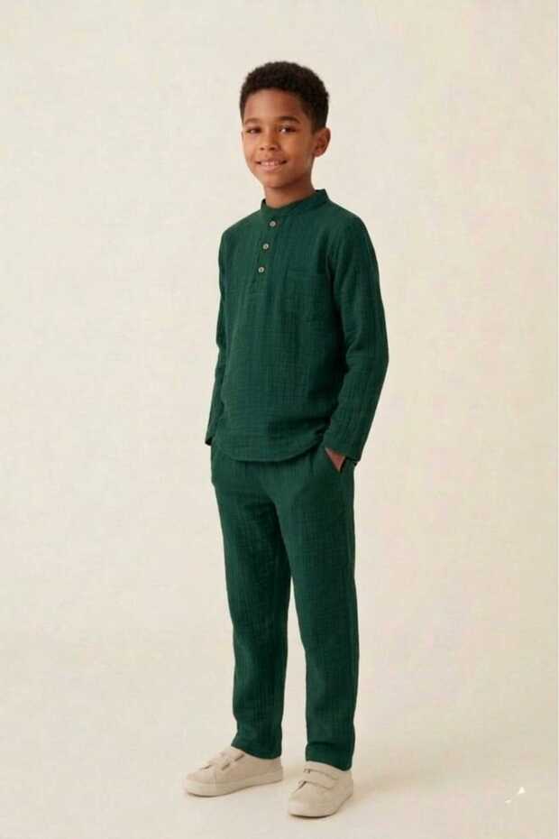 Green 100% Cotton Muslin Fabric Boys' Suit Comfortable Fit Hajj and Umrah Outfit