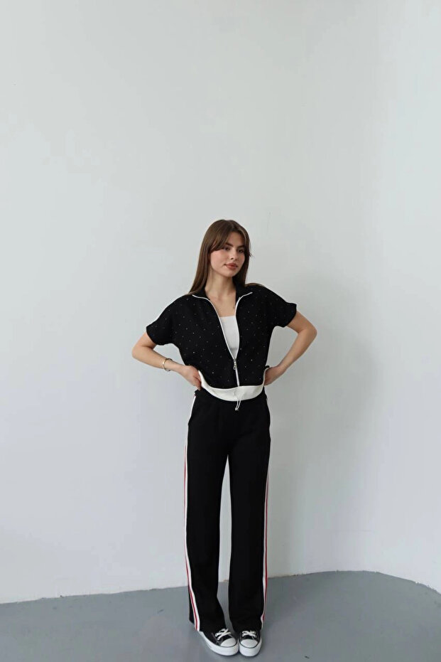 Women's Black Stylish Stone and Stripe Detailed Trousers Zipper Blouse Bottom Top Double Soft Set