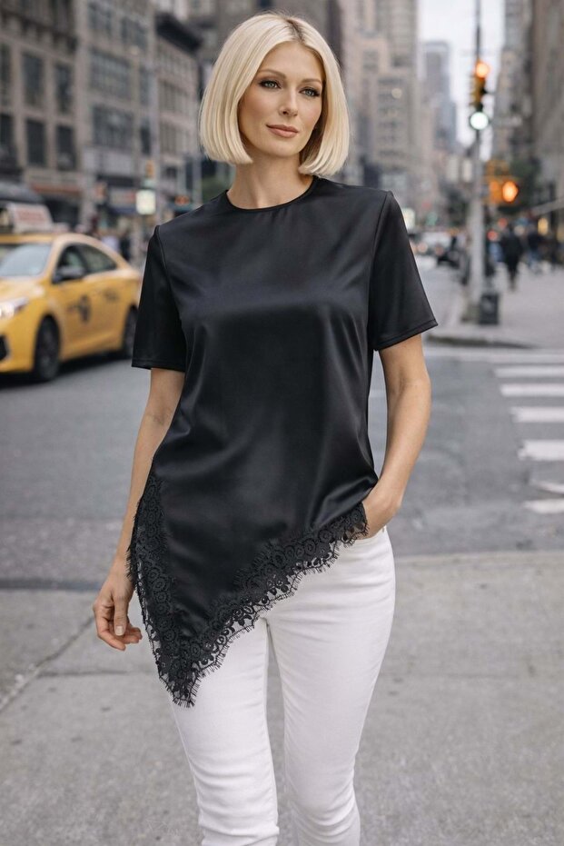 New Season Satin Lace Detail Asymmetrical Blouse with Drop Closure in Ecru Color