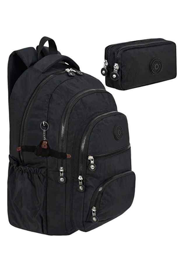Ultra Luxury Unisex Crinkle Fabric High School, Middle School Backpack with Double Compartment Pen Holder and Keychain