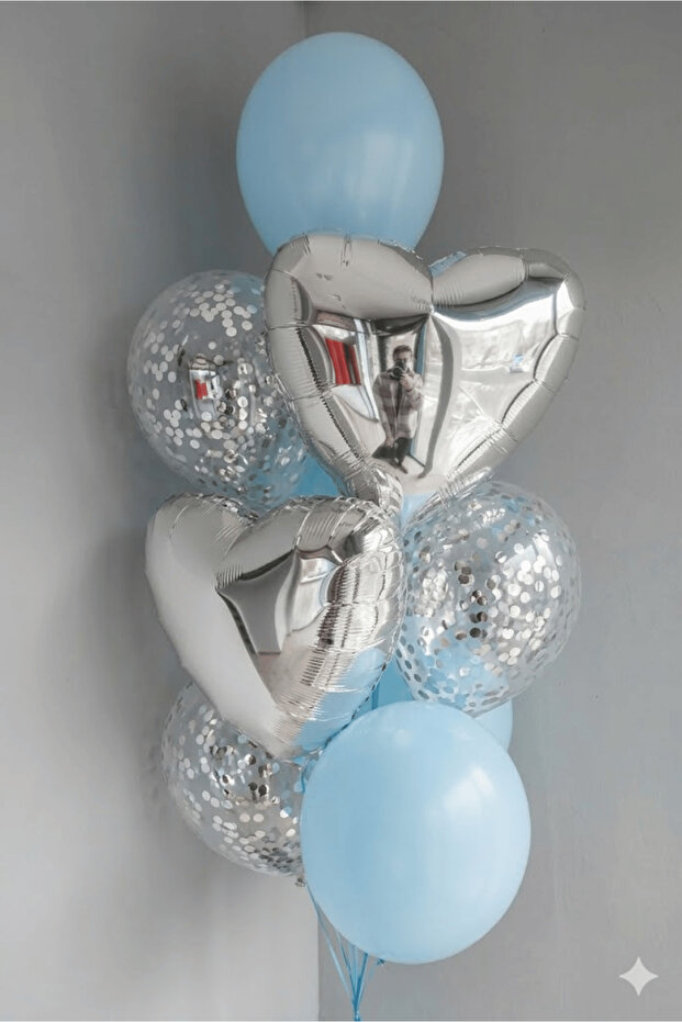 Blue Silver Heart Balloon Set 10 Pieces with Confetti Birthday Party Decoration