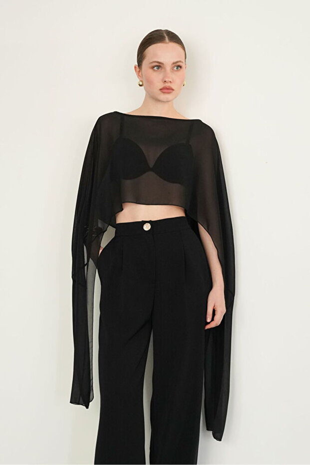 D 2938 Chiffon Poncho - Black |   D2938