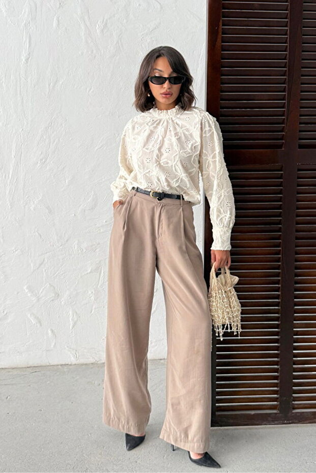 Embroidered Long Sleeve Women's Blouse - Stylish and Modern - Stone | F1993 - Stone