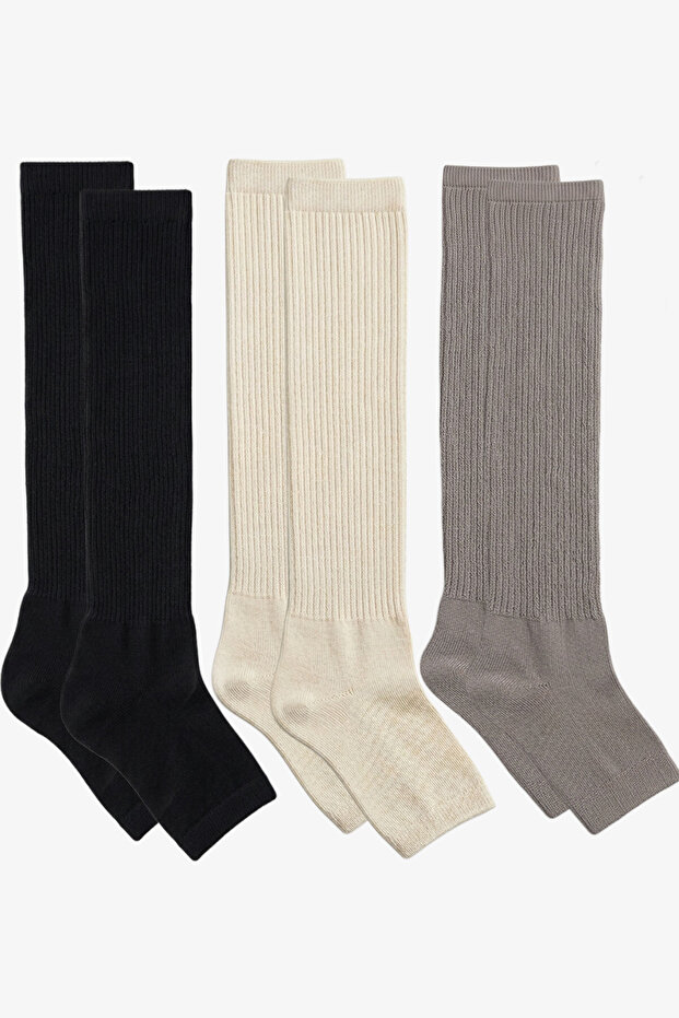 3 Pairs of Fingerless, Thin Ribbed, Above-Knee Cotton Blend Leggings