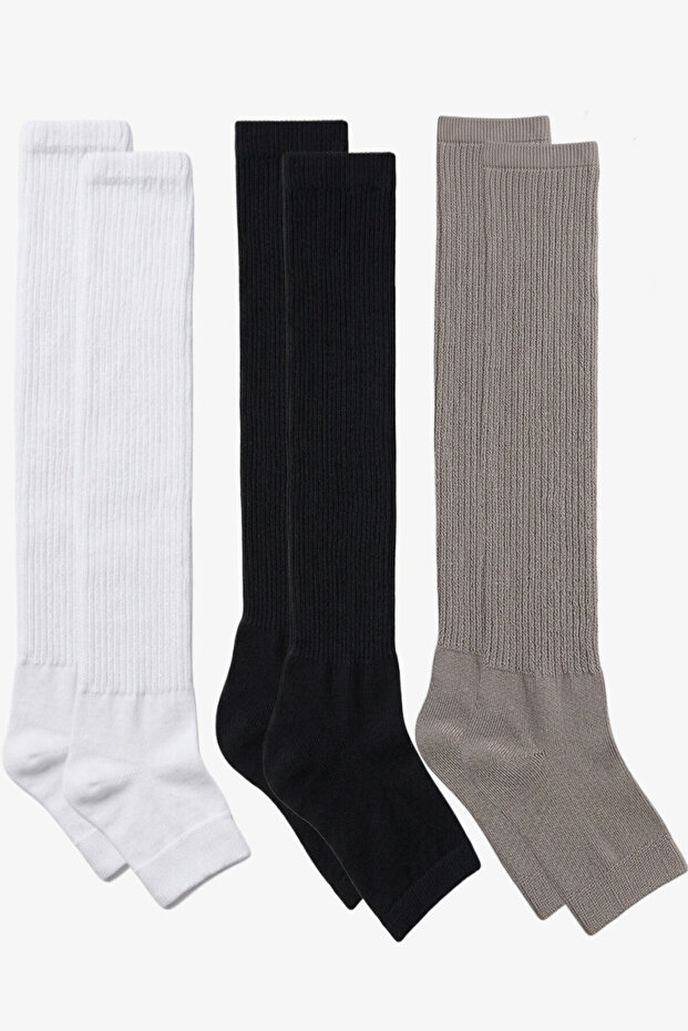 3 Pairs of Fingerless, Thin Ribbed, Above-Knee Cotton Blend Leggings