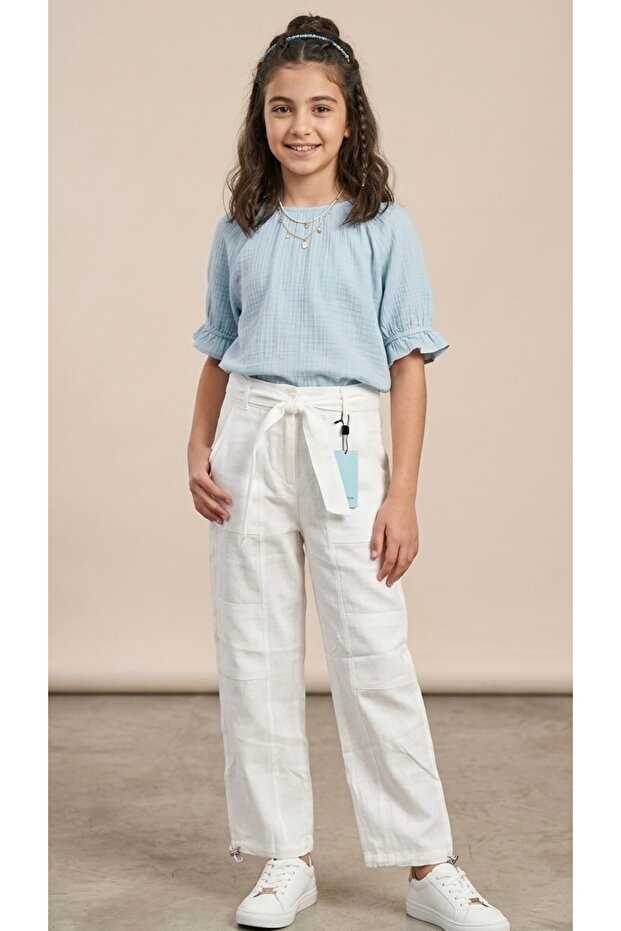 Girl's Linen Trousers White Color with Pockets 6/15 Years