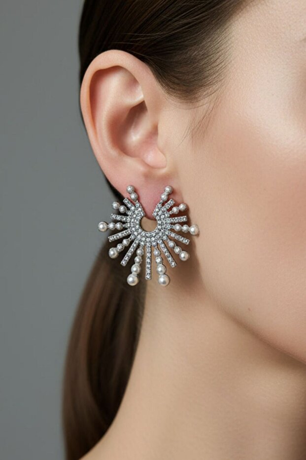 Silver Color Zircon Stone Pearl Sun Earrings (3.5 cm)