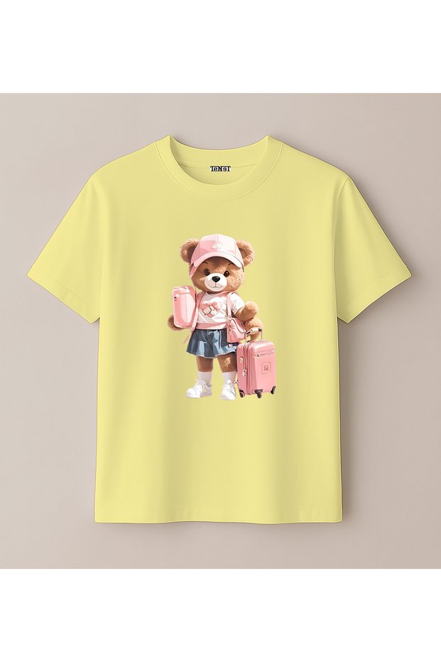 Cool Bear-Style Teddy Bear Printed Crew Neck Girls' T-Shirt