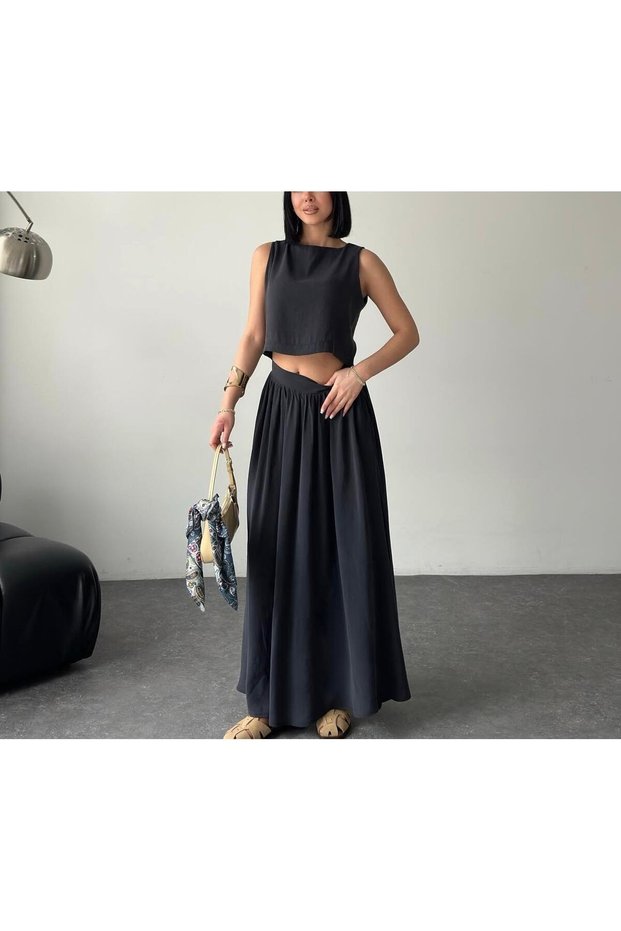 Women's Modal Fabric Crop Blouse - High Waist Long Skirt Two-Piece Set
