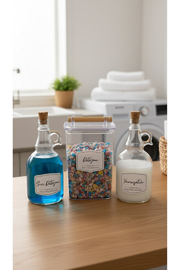 3-Piece Set of Detergent Jars with Wooden Handles and Lids 2000Ml-Glass Softener and Liquid Detergent Bottle 1000ml