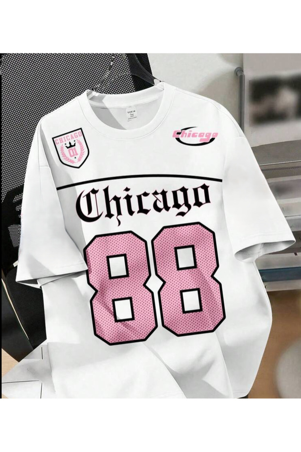 Chicago 88 Text Printed City Themed White Crew Neck Short Sleeve Unisex Tshirt