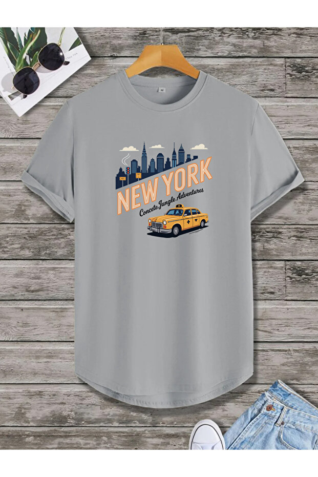 تي شيرت NEWYORK TAXI مطبوع بحاشية بيضاوية وأكمام قصيرة عادي للجنسين