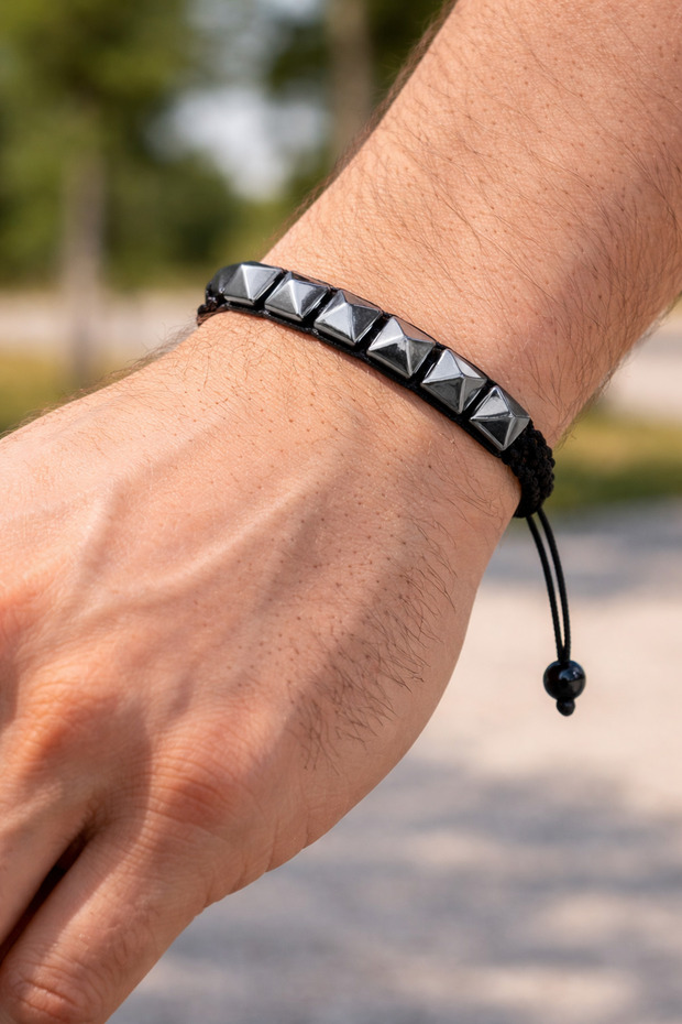 Hematite Men's Natural Stone Macrome Design Balance, Durability - Self-Esteem Pyramid Aries, Scorpio, Capricorn, Aquarius