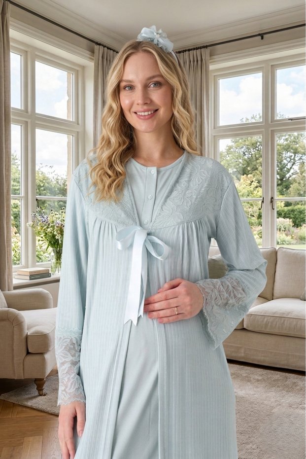 New Season Mint Green Maternity Jacquard Summer Lace Design Full Length Short Sleeve Dressing Gown Nightgown Set