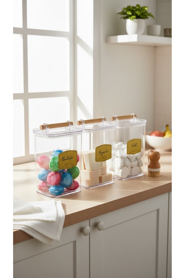 Set of 3 Wooden Handle Lids with Wooden Handles Colored & White & Tablet Jar 2000ml