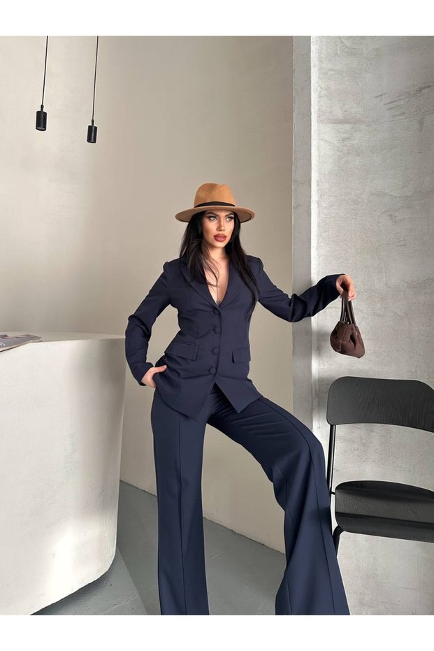 Women's Double-Breasted Collar Button Detailed Blazer Jacket High-Waisted Wide-Leg Pants Two-Piece Set