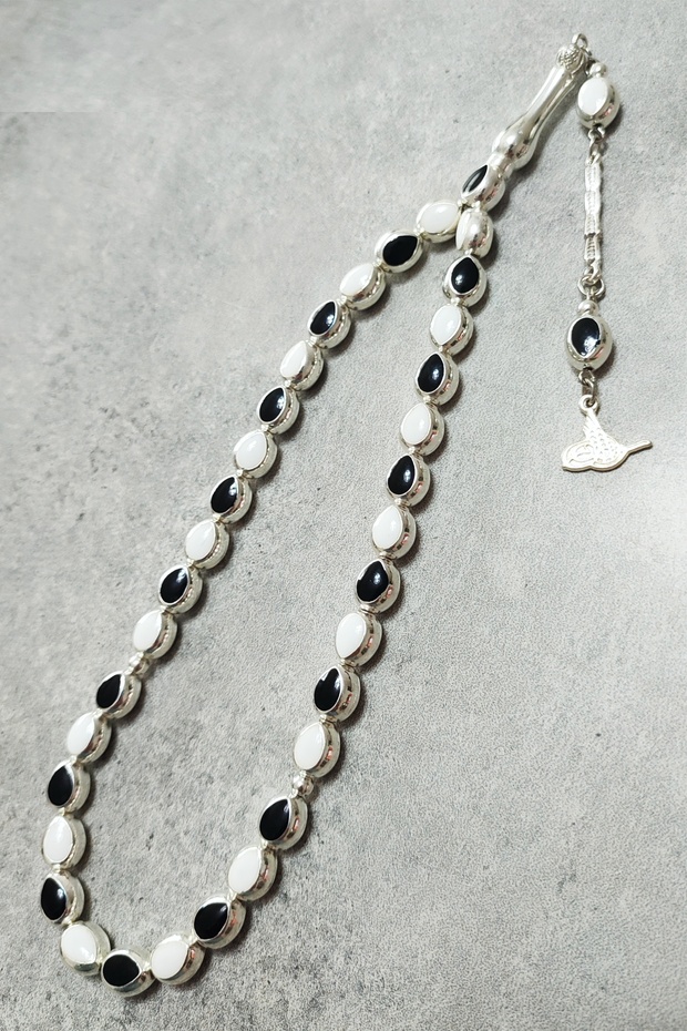 Black and White Enameled Alpaca Fan Prayer Beads / Gift Boxed, Silver Simulated