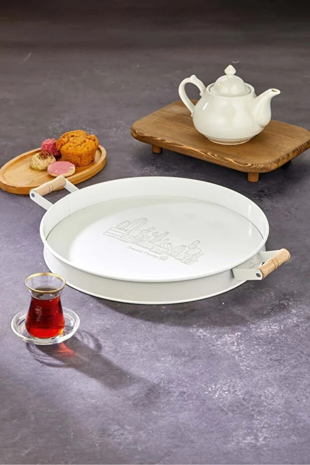 Metal Serving Tray with Wooden Handles 37 cm – Decorative Patterned Matte Black / White Presentation