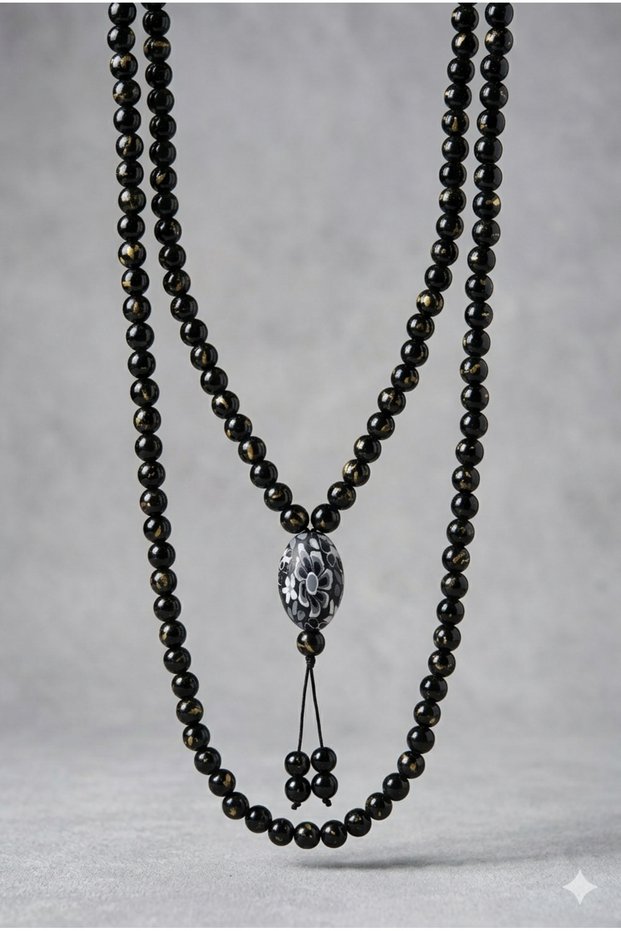 Black Night Series Aa+ Glass 108-Piece Mala Necklace - Fleur-De-Lis Motif Yoga Meditation and Mantra Recitation