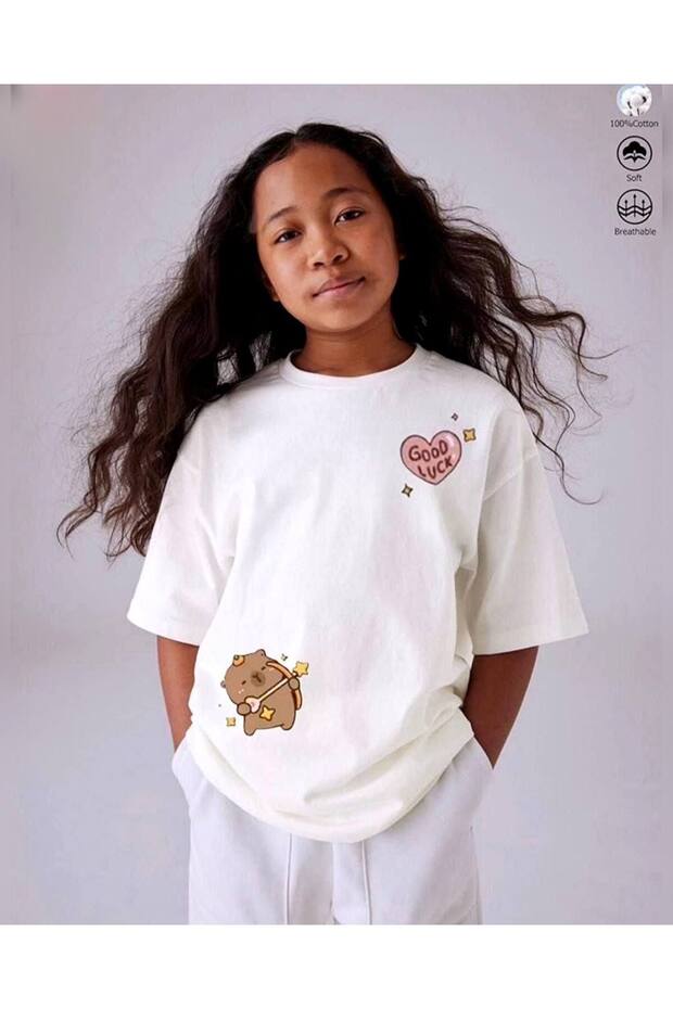 Lily Cokrem Good Luck Capybara Printed Cotton Oversize Unisex Kids T-Shirt