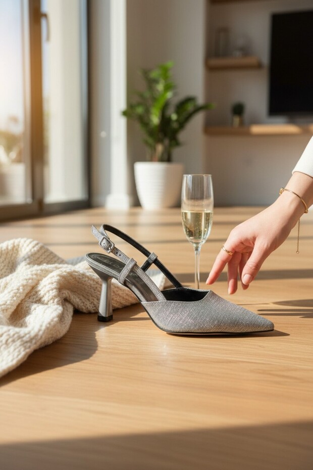 صندل بكعب عالٍ ذو مقدمة مدببة بلون بلاتيني وملمس لامع