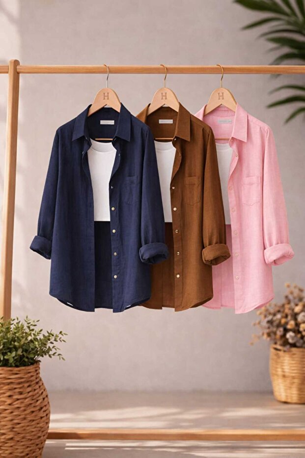 3-Pack Navy Blue, Brown, Light Pink Oversized Linen Textured 100% Cotton Single Pocket Shirts