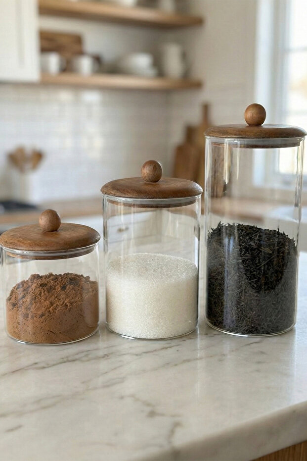 Akasya Top Handle Lid Glass Jar 750 ml - 1150 ml - 1550 ml Set of 3