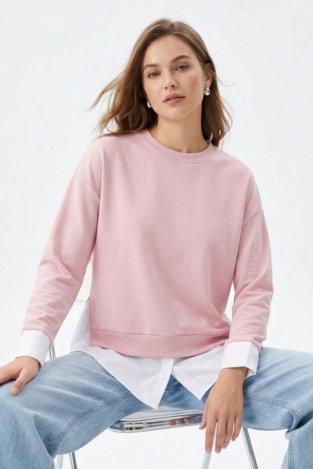 Pink Crew Neck Garnished Blouse 8375
