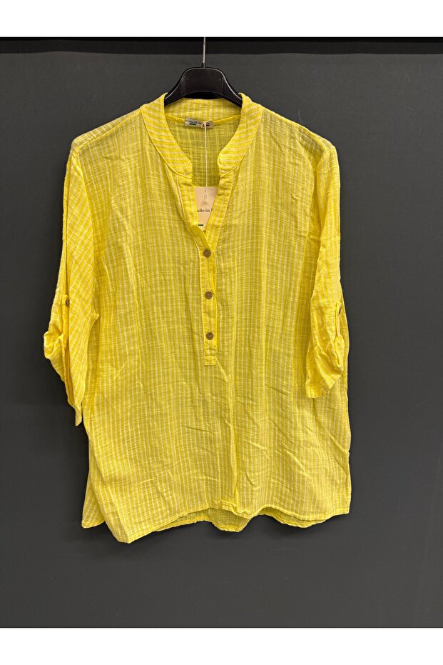 Women's Yellow Italian Line Pattern Notched Collar Short Sleeve Oversize Blouse 40 - 44 Size