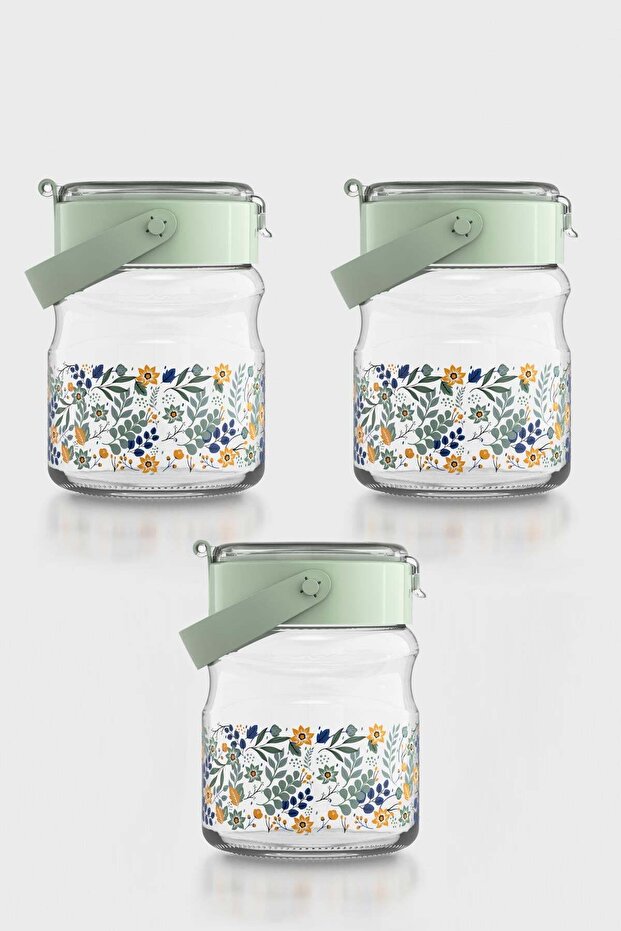 Mono 900 ml Flower Patterned 3-Piece Glass Jar Set 132065 Green