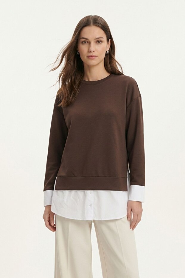 Coffee-Colored Crew Neck Garnished Blouse 8375 - 2