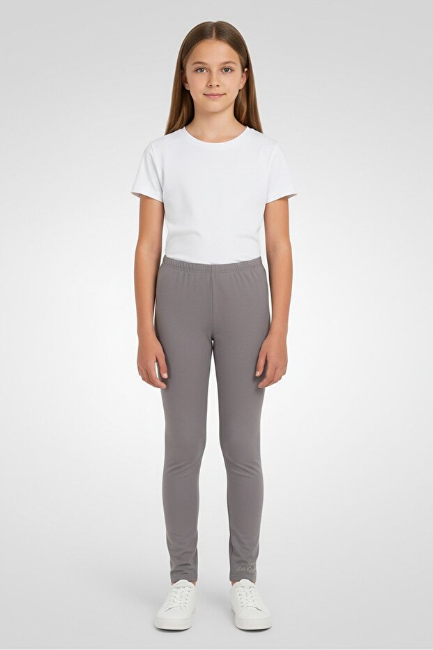 Kids Girl Embroidered Logo Pull On Leggings, Grey