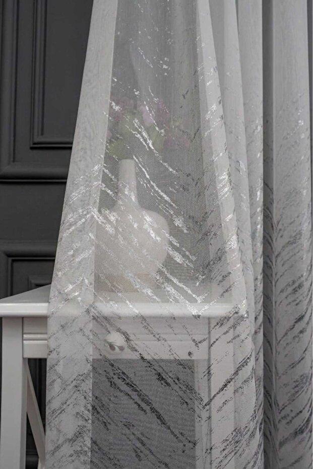 Gilded Detailed Bamboo Tulle Silver-New Creation Modern Design Dense Pleat