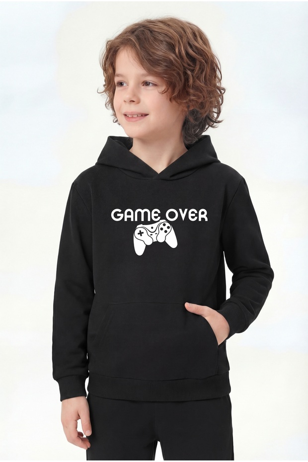 Kangaroo Pocket Hooded Print Detailed Boys' Kangaroo Top