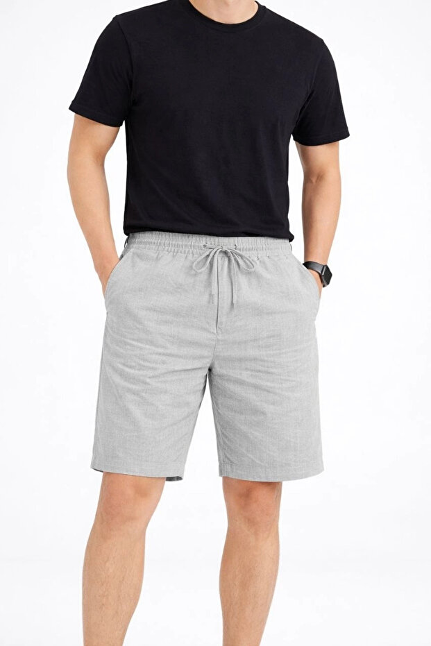 Men's Linen Fabric Shorts with Pockets, Relaxed Fit, Elastic Waist - Gray