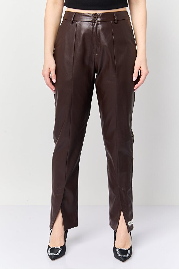 Women Regular Fit Mid Waist Solid Straight Split Hem Pants, Brown